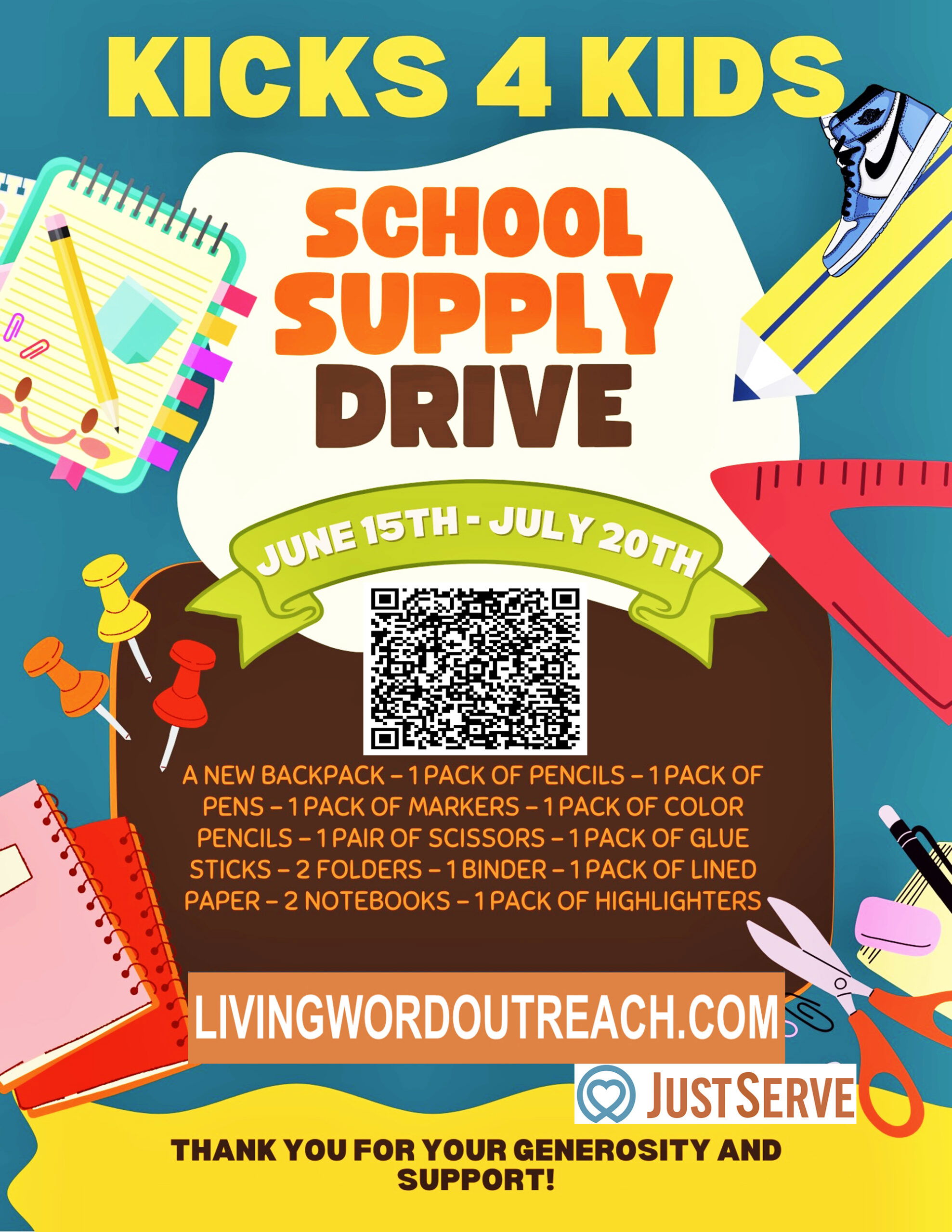 Kicks4Kids - Support families in need by providing new school supplies! www.JustServe.org